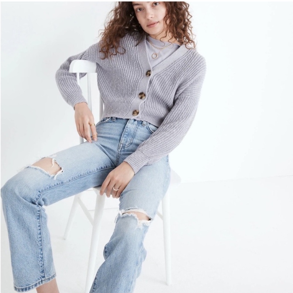 Madewell cropped button up Chunky Knit Lilac grey cardigan perfect condition XS